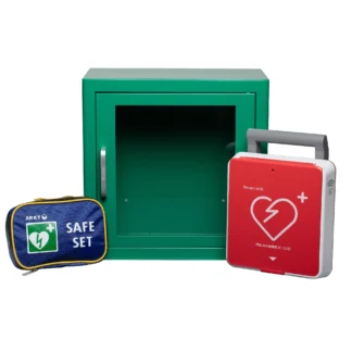 AKČNÁ SADA 3 v 1: Defibrilátor AED Reanibex 100 vrátane resuscitačnej sady a skrinky s alarmom